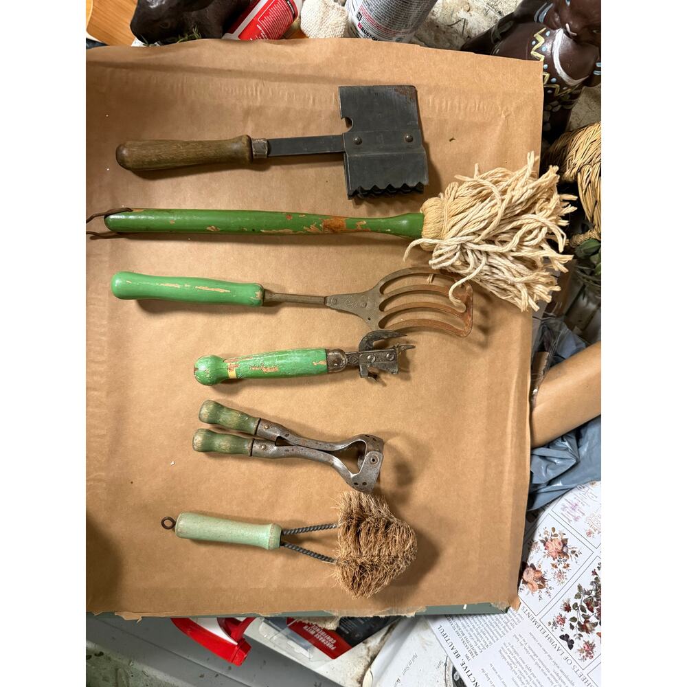 Green handle kitchen utensils vintage